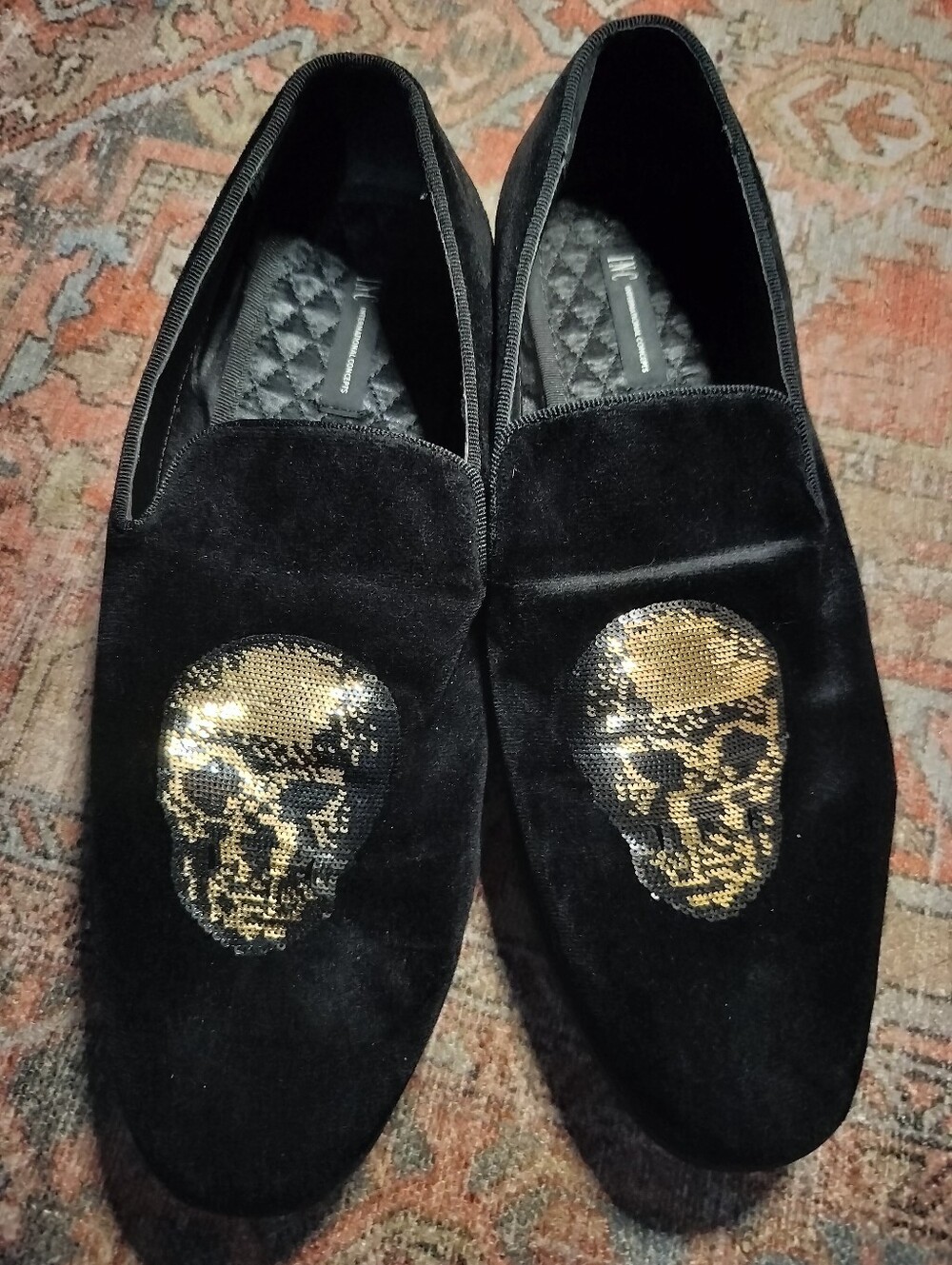 Inc. Concept Nova Black Velvet Men's Nova Gold Sequin Skull Loafer Slipper 10.5 - Picture 5 of 8